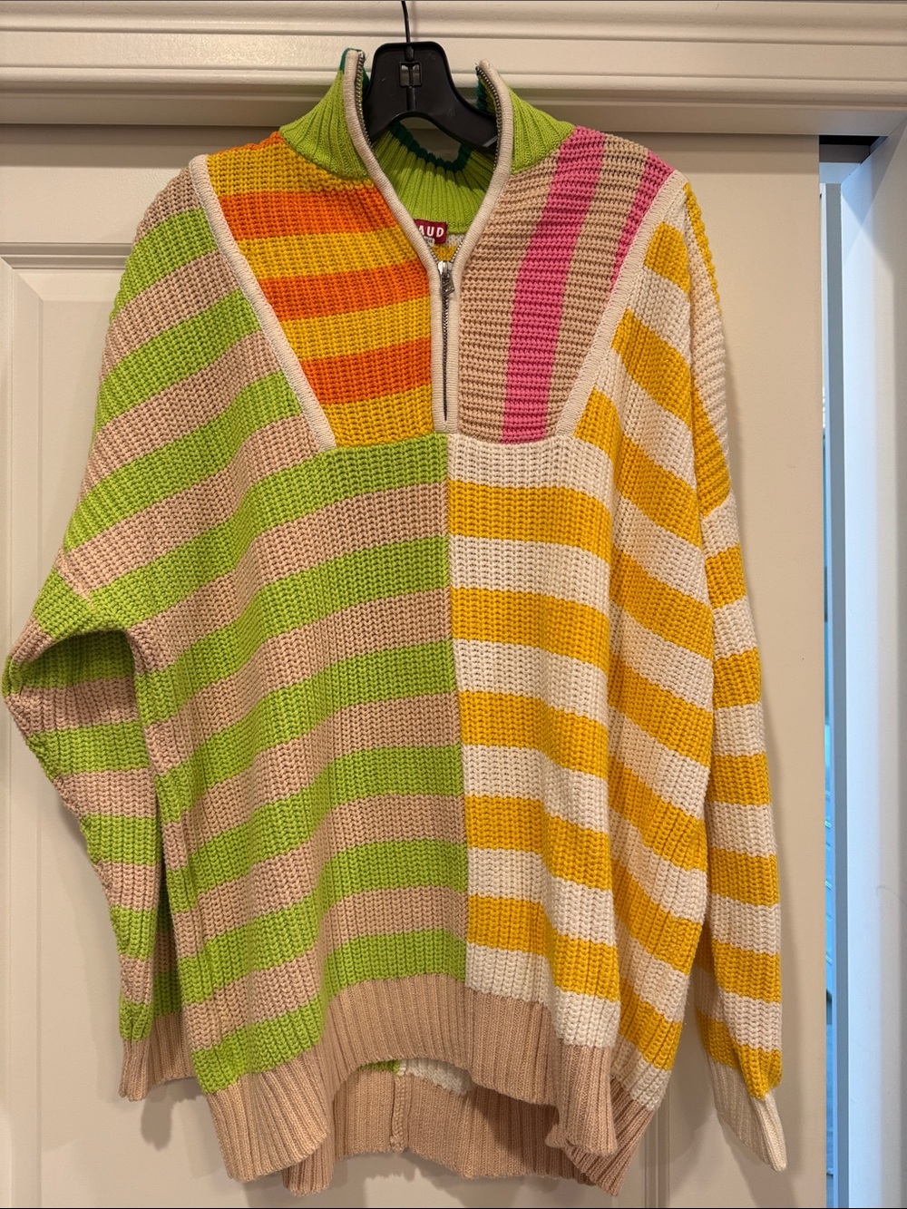 STAUD Multi-Stripe Zip-Up Sweater in Green, Yellow, Pink & Cream
